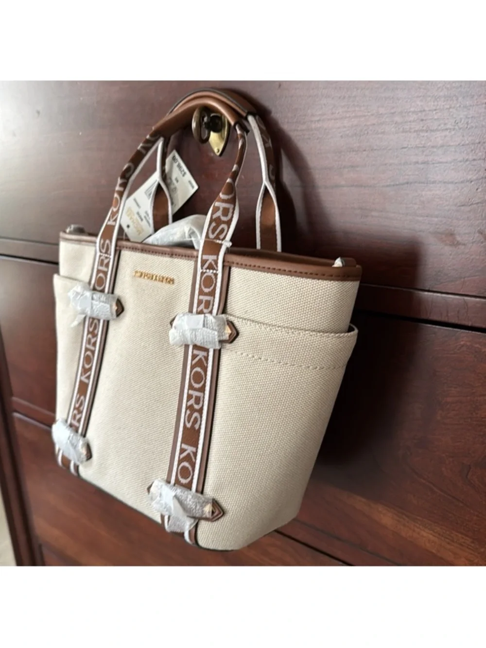 MICHAEL KORS Maeve Small Canvas Open Tote Luggage Leather NWT $298